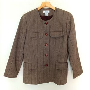 Jennifer Moore Blazer Women's Size 8 Brown Tan Striped 5 Button‎ 100% Wool Lined